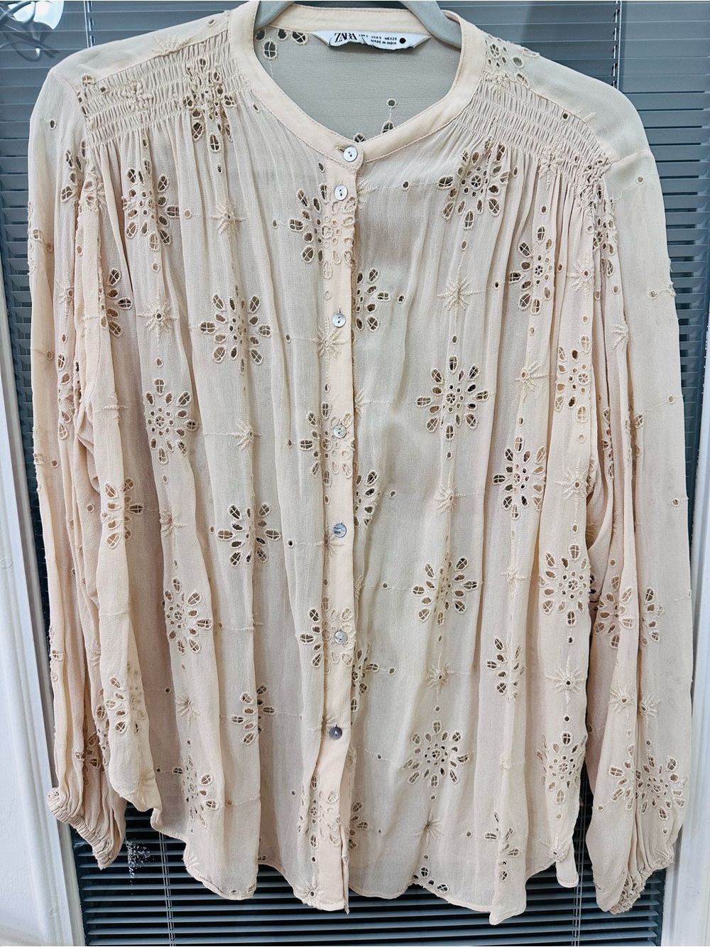 ZARA Light Beige Eyelet Button-Front Blouse